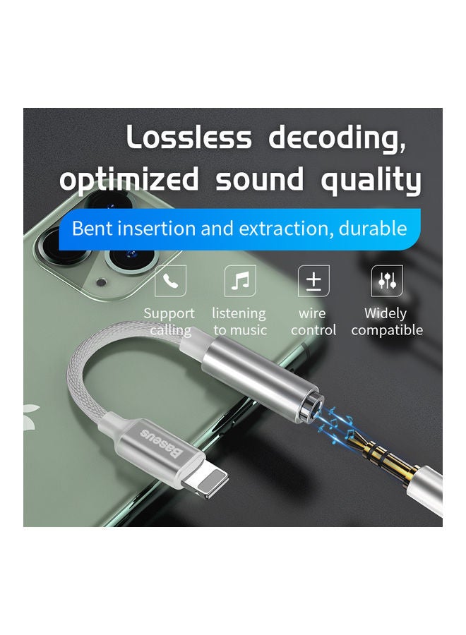 Baseus - Headphones Adapter Lightning to 3.5mm Nylon Braided Audio Headphone Jack Converter Compatible for iPhone 13/13 Mini/13 Pro/ 13 Pro Max, 12 mini/12/12 Pro/12 Pro Max, New iPad 9 Silver - Image 1