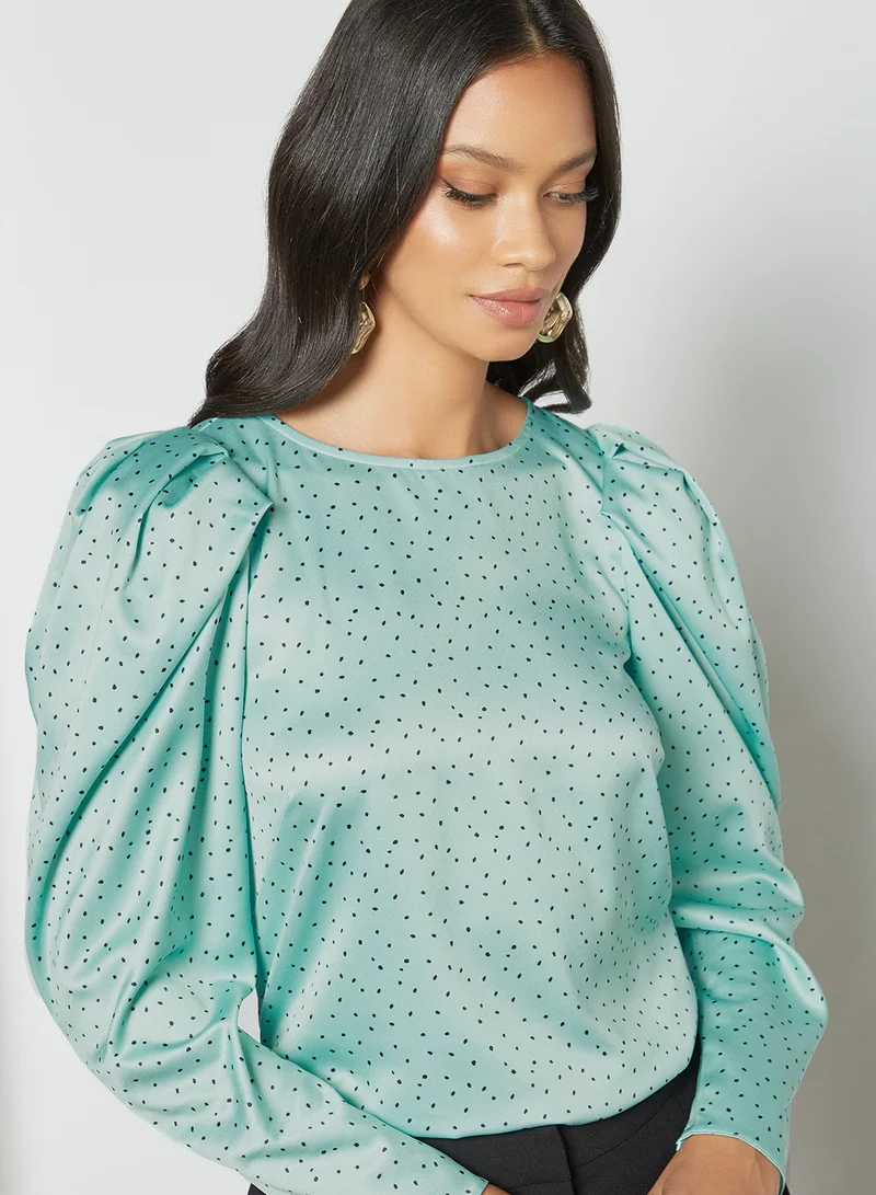 Closet London Ditsy Print Puff Sleeve Blouse Mint Blue