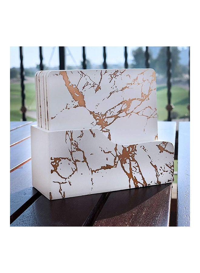 طقم حاملات أكواب خشبية بتصميم رخامي مكون من 6 قطع أبيض/ذهبي 12x10x4سم  - Image 3