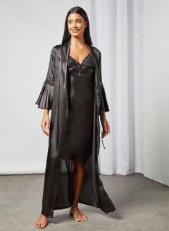 Private Lives Satin Nightdress Set (Set of 2) Black  - Image 3
