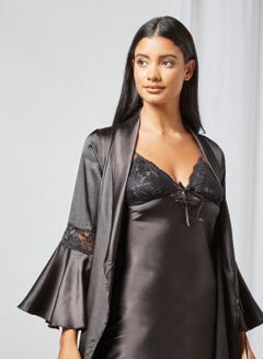 Private Lives Satin Nightdress Set (Set of 2) Black  - Image 4