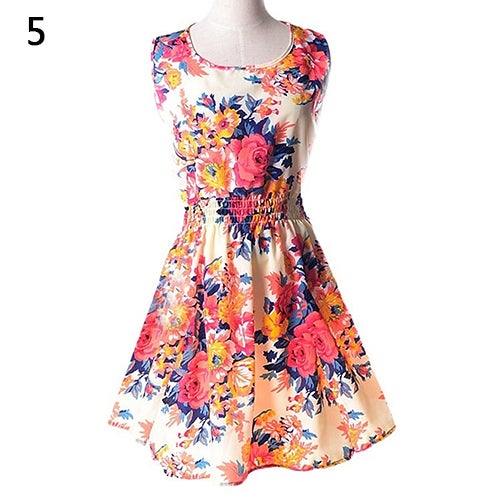 Women Summer Bohemian Floral Sleeveless Vest Printed Beach Chiffon Party Dress Red - Image 1