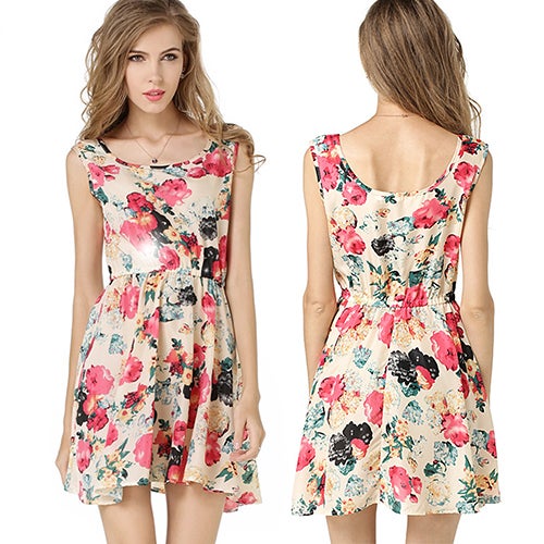 Women Summer Bohemian Floral Sleeveless Vest Printed Beach Chiffon Party Dress Red - Image 2