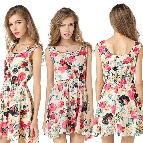 Women Summer Bohemian Floral Sleeveless Vest Printed Beach Chiffon Party Dress Red - Image 4