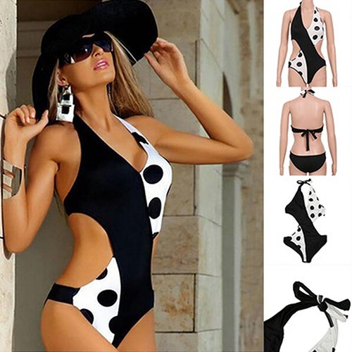 Women's Fashion Polka Dot Swimwear Summer Monokini One-piece Bikini Black White  - Image 1