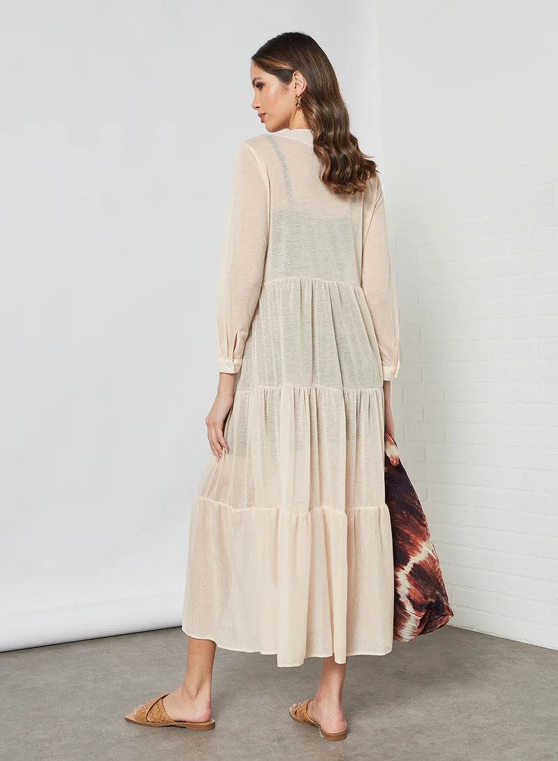 SIVVI for HANIYA Tiered Sheer Midi Dress Beige