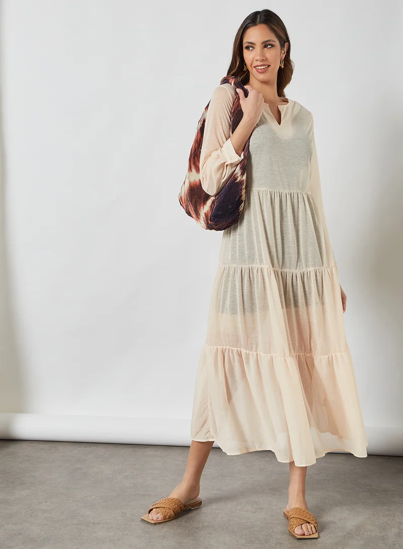SIVVI for HANIYA Tiered Sheer Midi Dress Beige