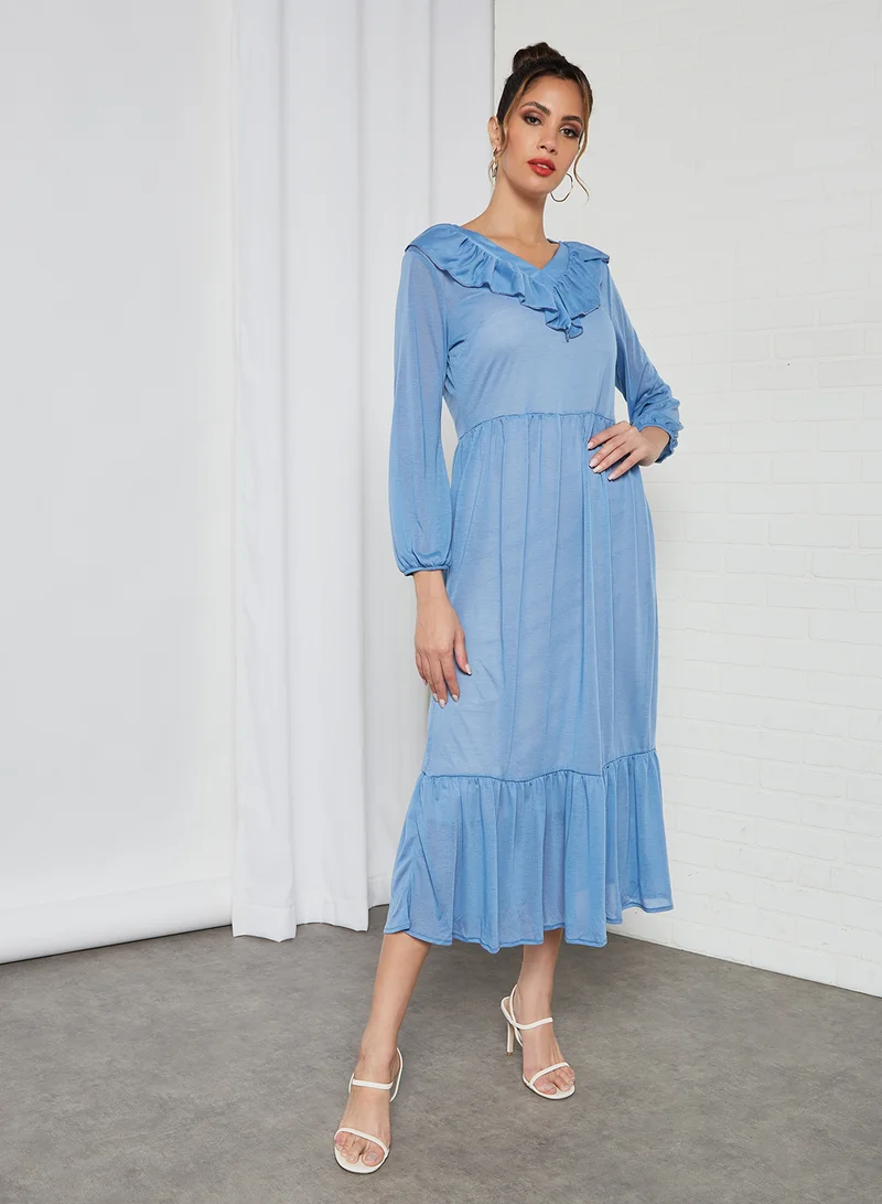 SIVVI for HANIYA Ruffle Overlay Midi Dress Blue