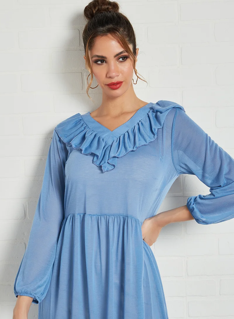 SIVVI for HANIYA Ruffle Overlay Midi Dress Blue