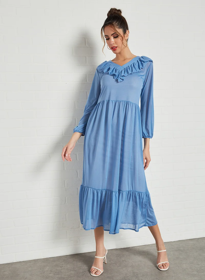 SIVVI for HANIYA Ruffle Overlay Midi Dress Blue