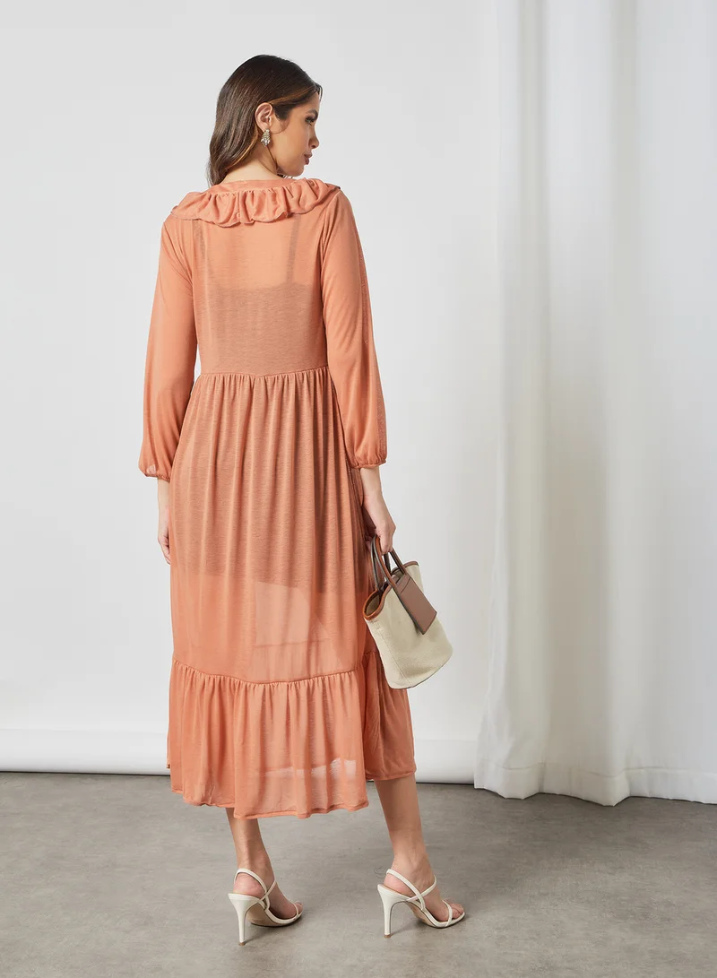 SIVVI for HANIYA Ruffle Overlay Midi Dress Peach