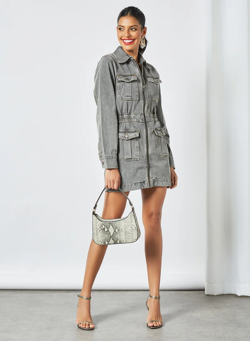 Cmeo collective Zip Up Denim Shirt Dress Grey