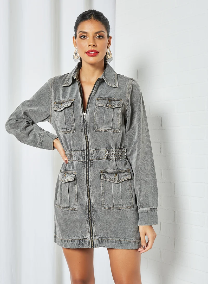 Cmeo collective Zip Up Denim Shirt Dress Grey