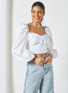 Bardot Puff Sleeve Cropped Blouse White  - Image 1