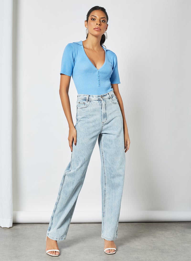 Bardot - Ribbed Short Sleeve Bodysuit Blue - Image 1