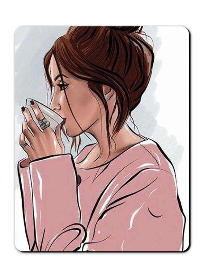 Theodor Girl Drinking Coffee Printed Anti-Slip Mousepad Multicolour