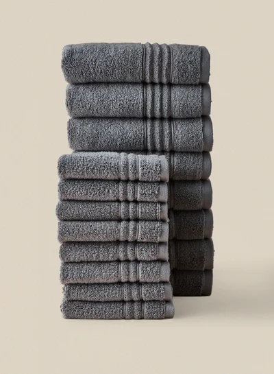 Noon East 12 Piece Bathroom Towel Set - 500 GSM 100% Cotton - 4 Hand Towel - 6 Face Towel - 2 Bath Towel - Grey Color - Highly Absorbent - Fast Dry Grey