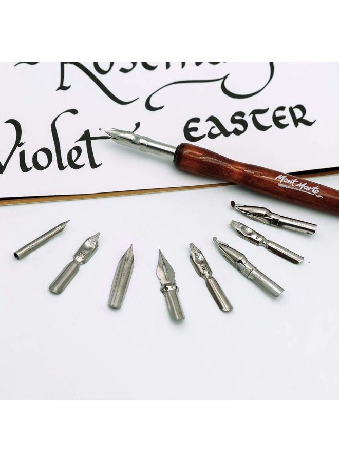 Mont Marte - 9-Piece Nib with Signature Calligraphy Dip Pen Brown/Silver - Image 1