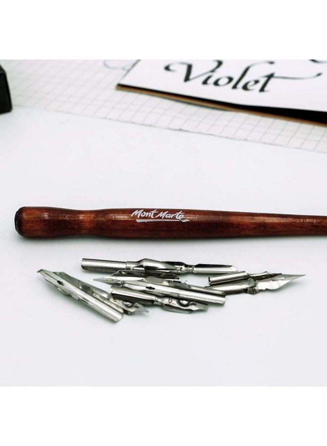 Mont Marte - 9-Piece Nib with Signature Calligraphy Dip Pen Brown/Silver - Image 1
