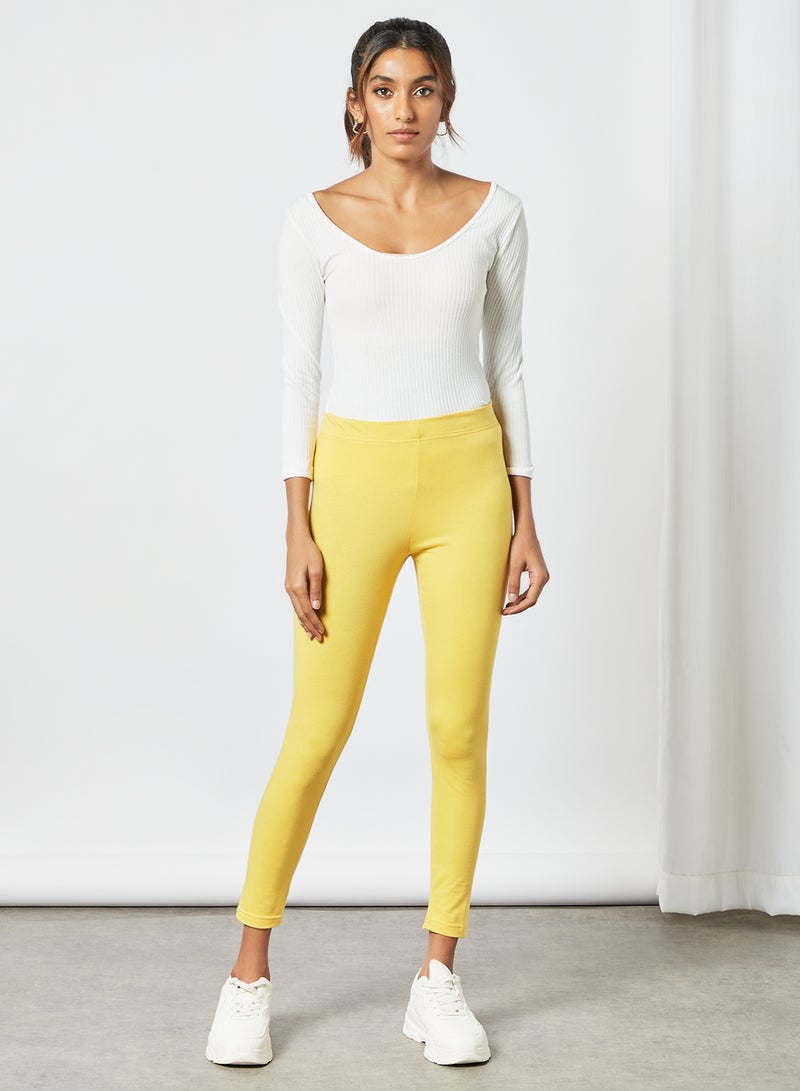 ABOF Elastic Waist High-Rise Crop Length Skinny Fit Plain Leggings Spicy Mustard - Image 3