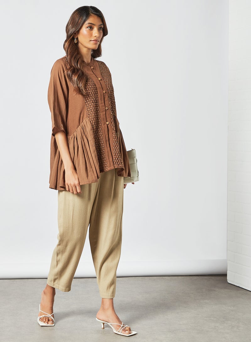 CORD High Waist Cropped Pants Khaki  - Image 2