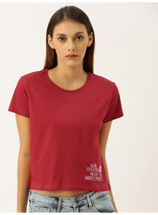 Solid Round Neck T-Shirt With Placement Printed Detail Deep Red - v1623482864/N47949234V_1