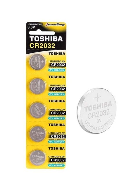 Toshiba CR2032 3V Lithium Coin Cell Battery Pack of 5 batteries Silver