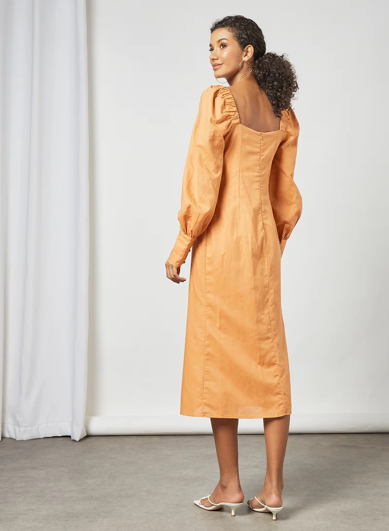Charlie Holiday. Shirred Detail Midi Dress Orange