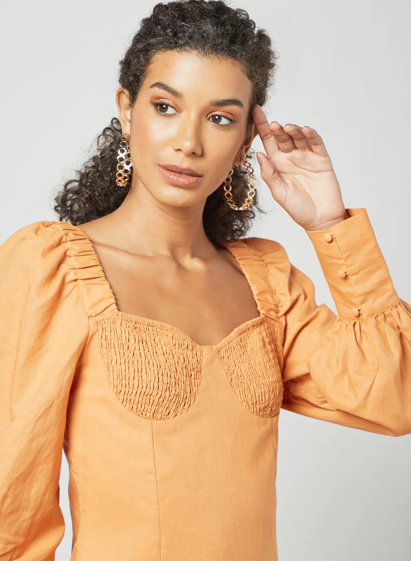 Charlie Holiday. Shirred Detail Midi Dress Orange
