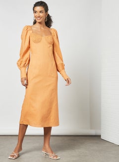 Shirred Detail Midi Dress Orange
