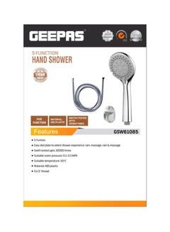 Hand Shower| 5 Functions, Easy-to-use Dial to change the functions| High-Quality ABS Plastic Material, Bathroom Shower Head, Chrome Plated| Perfect for Shower Cabin, Tub, Bathroom Silver 13x7x28cm - v1623543678/N47603485A_2