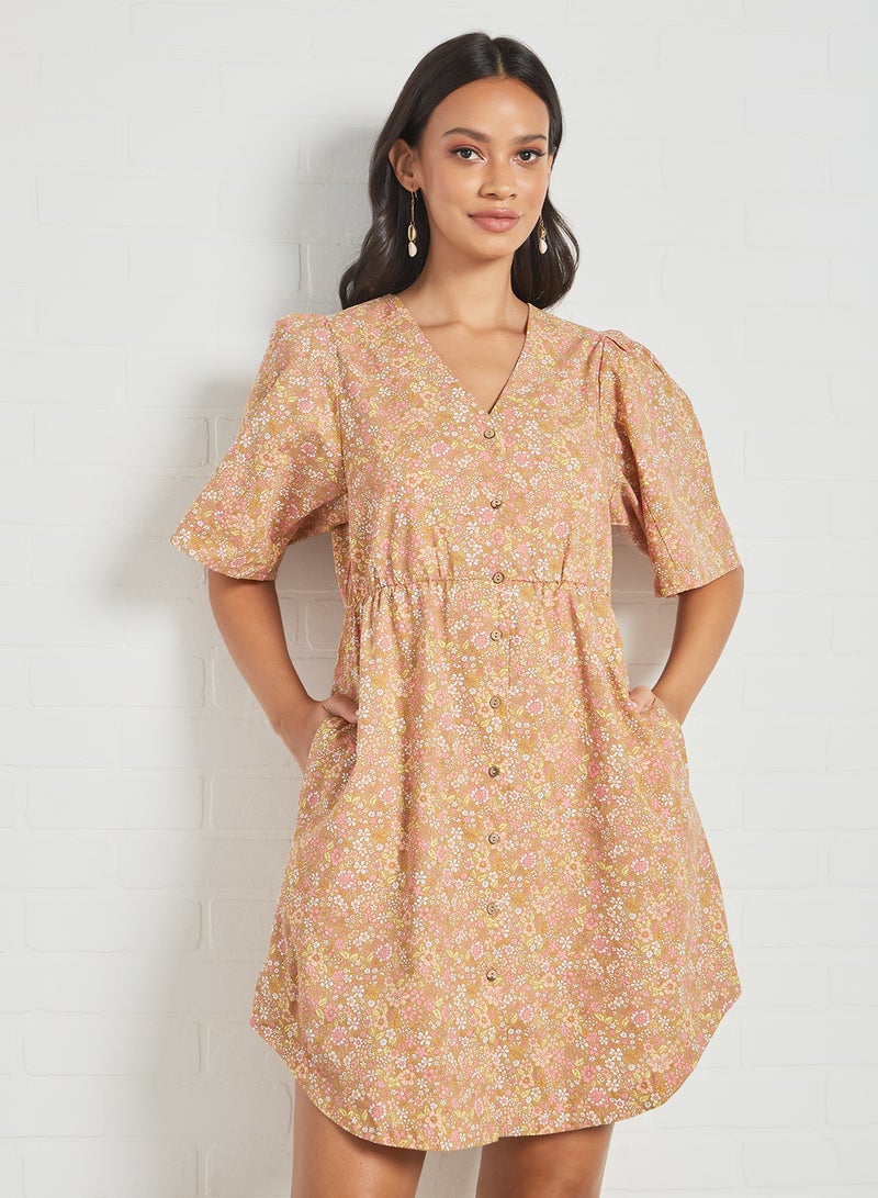Y.A.S - Floral Print Shirt Dress Tan - Image 1