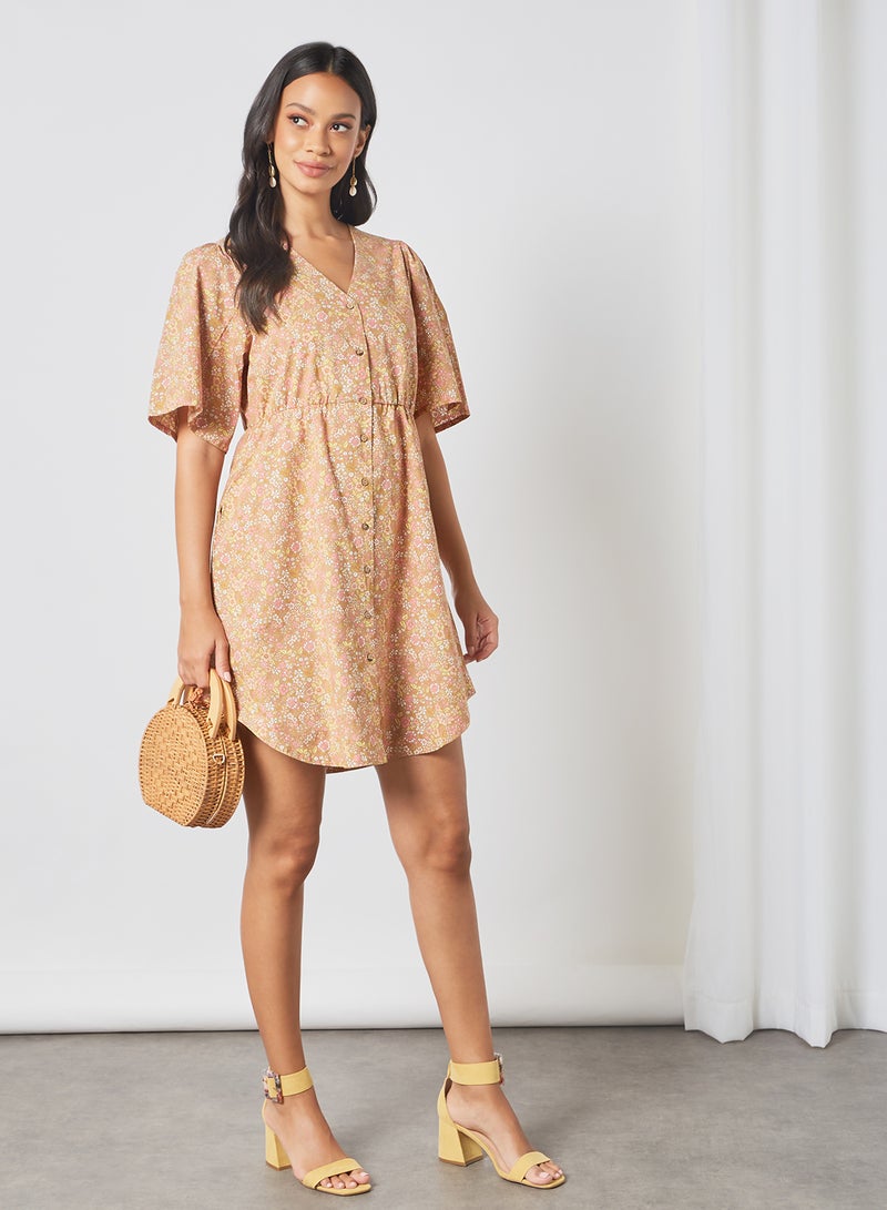 Y.A.S - Floral Print Shirt Dress Tan - Image 1