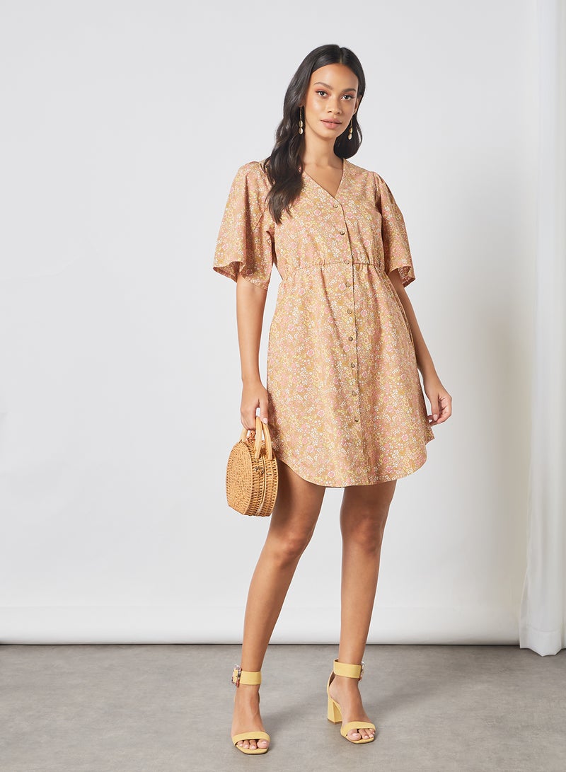 Y.A.S - Floral Print Shirt Dress Tan - Image 1