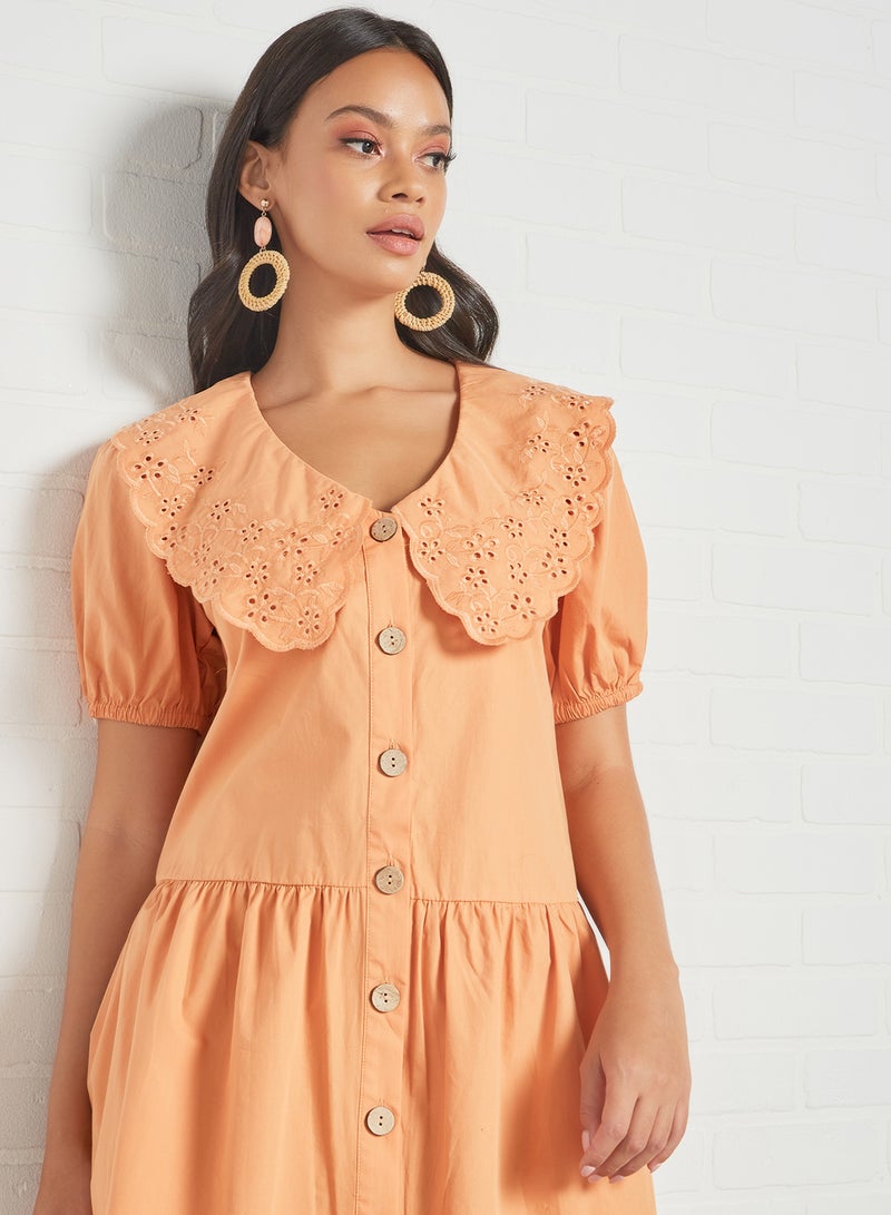 Y.A.S - Broderie Collar Shirt Dress Orange - Image 1