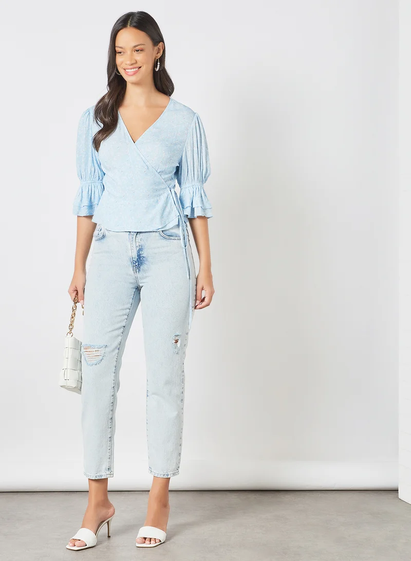Charlie Holiday. Floral Print Wrap Top Blue