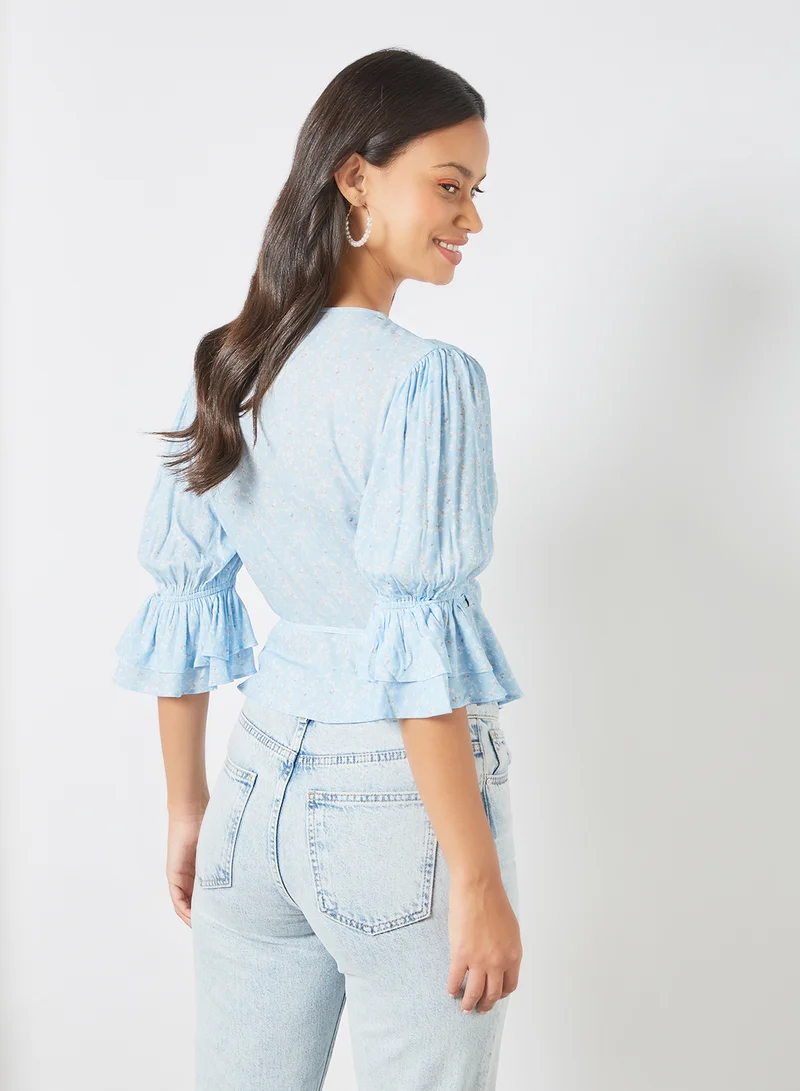 Charlie Holiday. Floral Print Wrap Top Blue