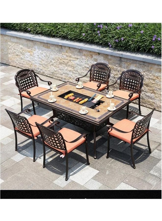 يولان Outdoor Cast Aluminum BBQ Dining Set Brown/Pink  - Image 1