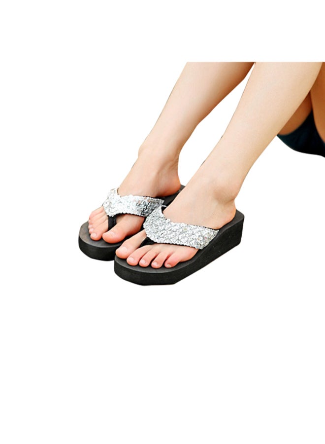 Fashionable Textured Flip Flops Silver  - Image 1
