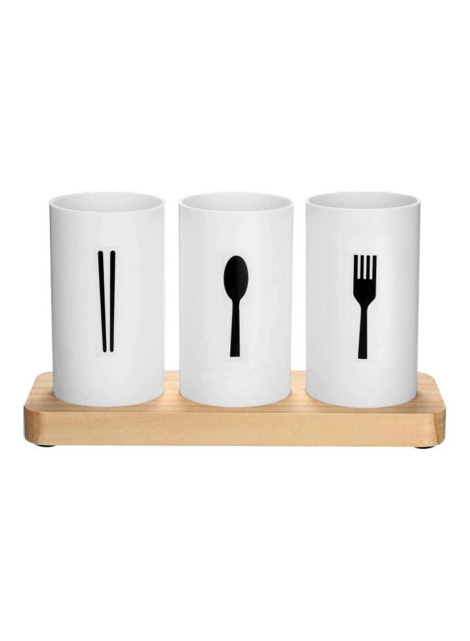 AIWANTO 4-Piece Flatware Caddy With Cleaning Brush White/Beige/Black 23.5x8.5x13cm - Image 1