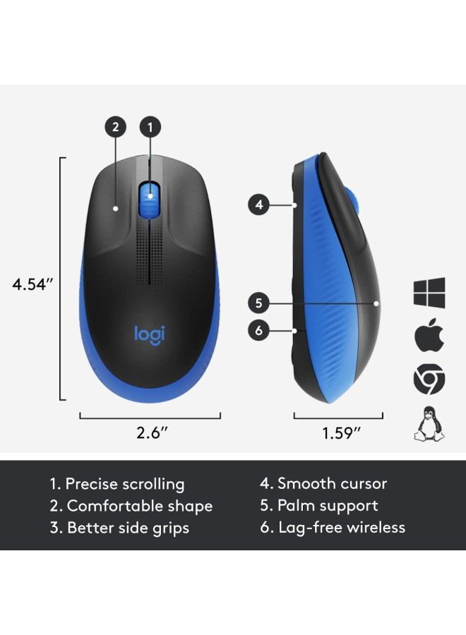 Logitech - Wireless Mouse M190, Full Size Ambidextrous Curve Design, 18-Month Battery With Power Saving Mode, USB Receiver, Precise Cursor Control Blue/Black - Image 1