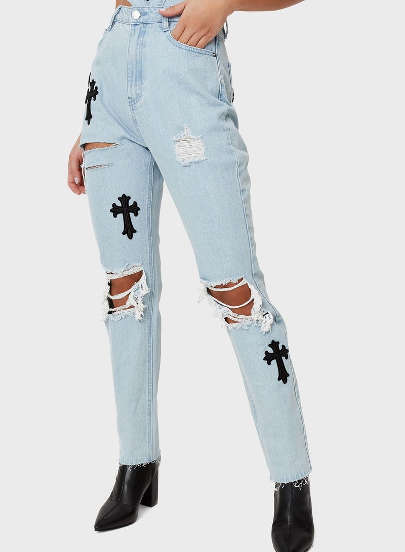 Missguided - Cross Patched High-Rise Jeans Blue - Image 1
