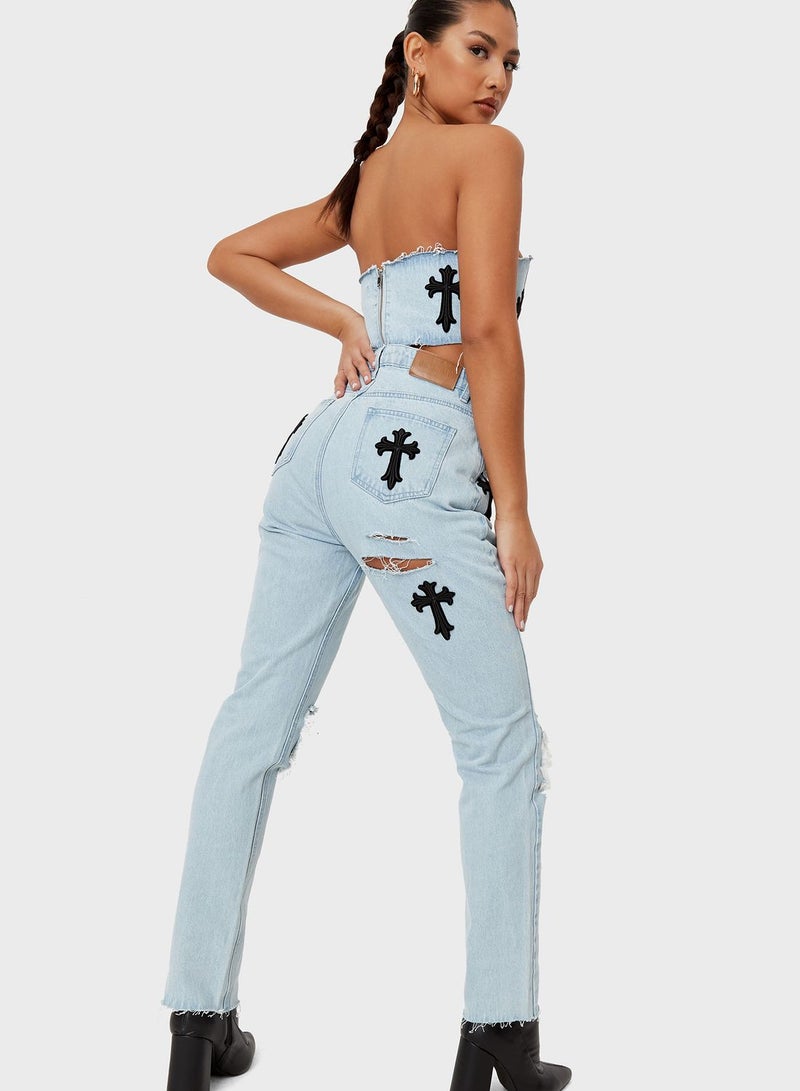 Missguided - Cross Patched High-Rise Jeans Blue - Image 1
