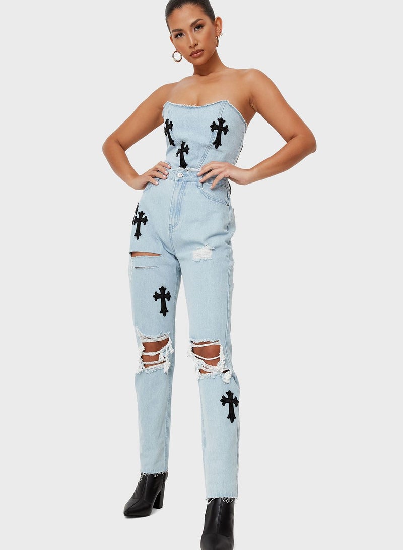 Missguided - Cross Patched High-Rise Jeans Blue - Image 1