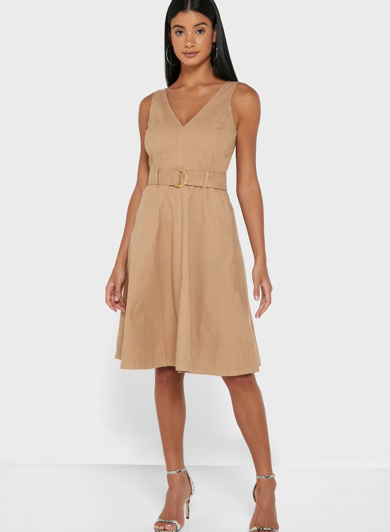 BANANA REPUBLIC V-Neck Belted Dress Beige  - Image 1