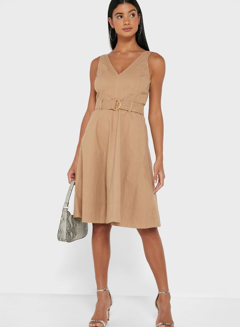 BANANA REPUBLIC V-Neck Belted Dress Beige  - Image 3