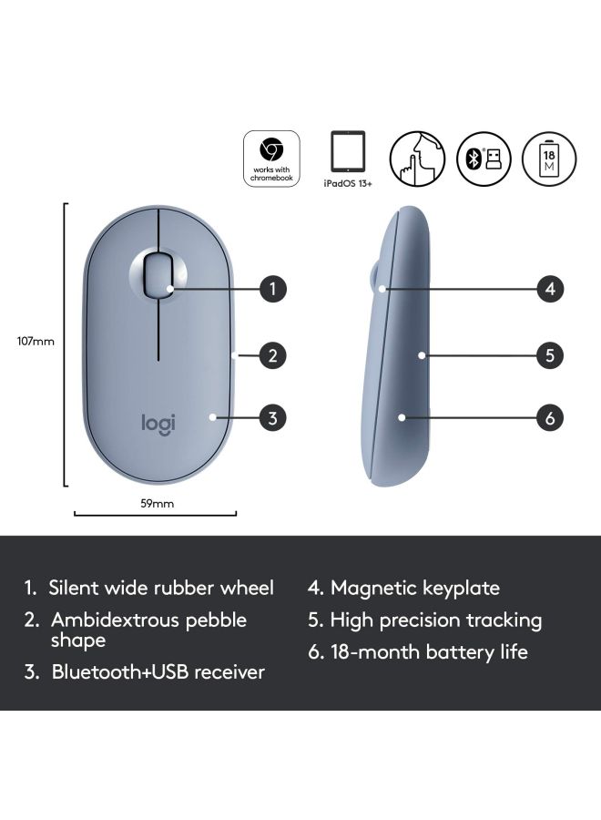 M350 Pebble Wireless Mouse, Bluetooth or 2.4 GHz with USB Mini-Receiver, Silent, Slim, Quiet Click Blue