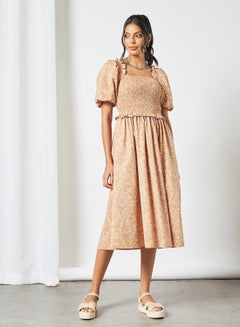 All Over Print Midi Dress Brown