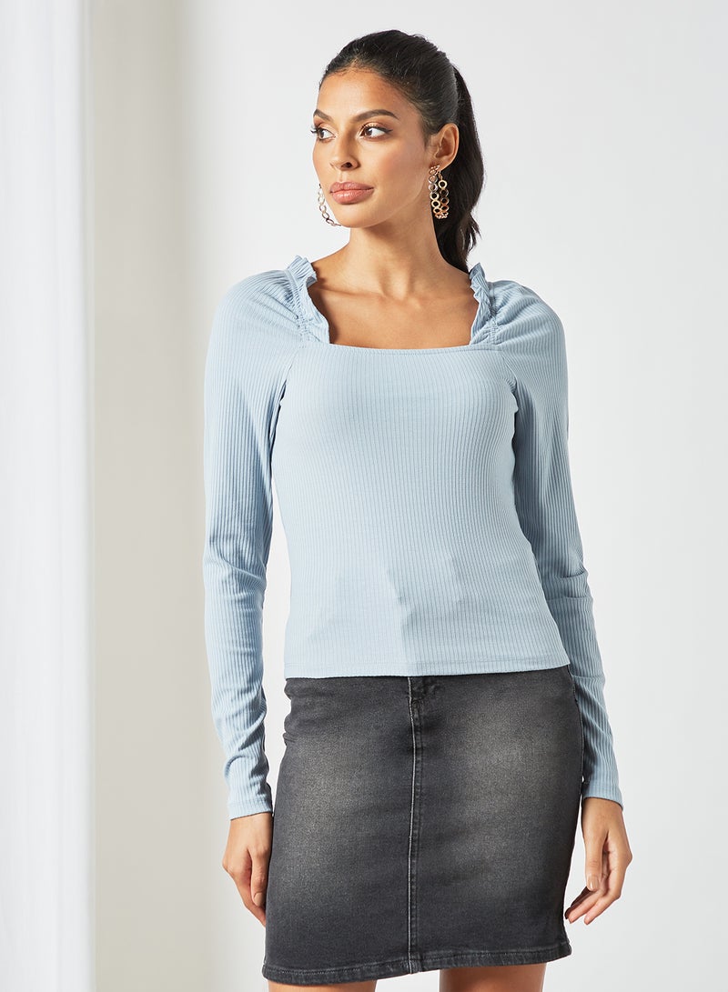 PIECES - Ribbed Long Sleeve Blouse Blue - Image 1