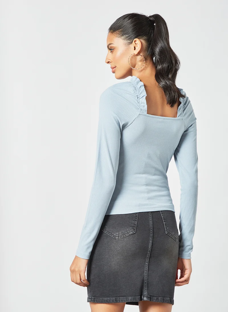 PIECES Ribbed Long Sleeve Blouse Blue